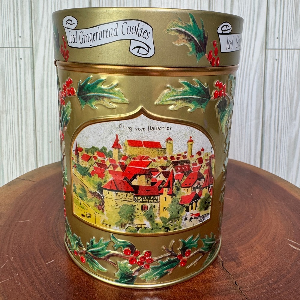 Vintage 1999 Lambertz Aachen Musical‎ Cookie Tin Gold German Holiday Decor 6in